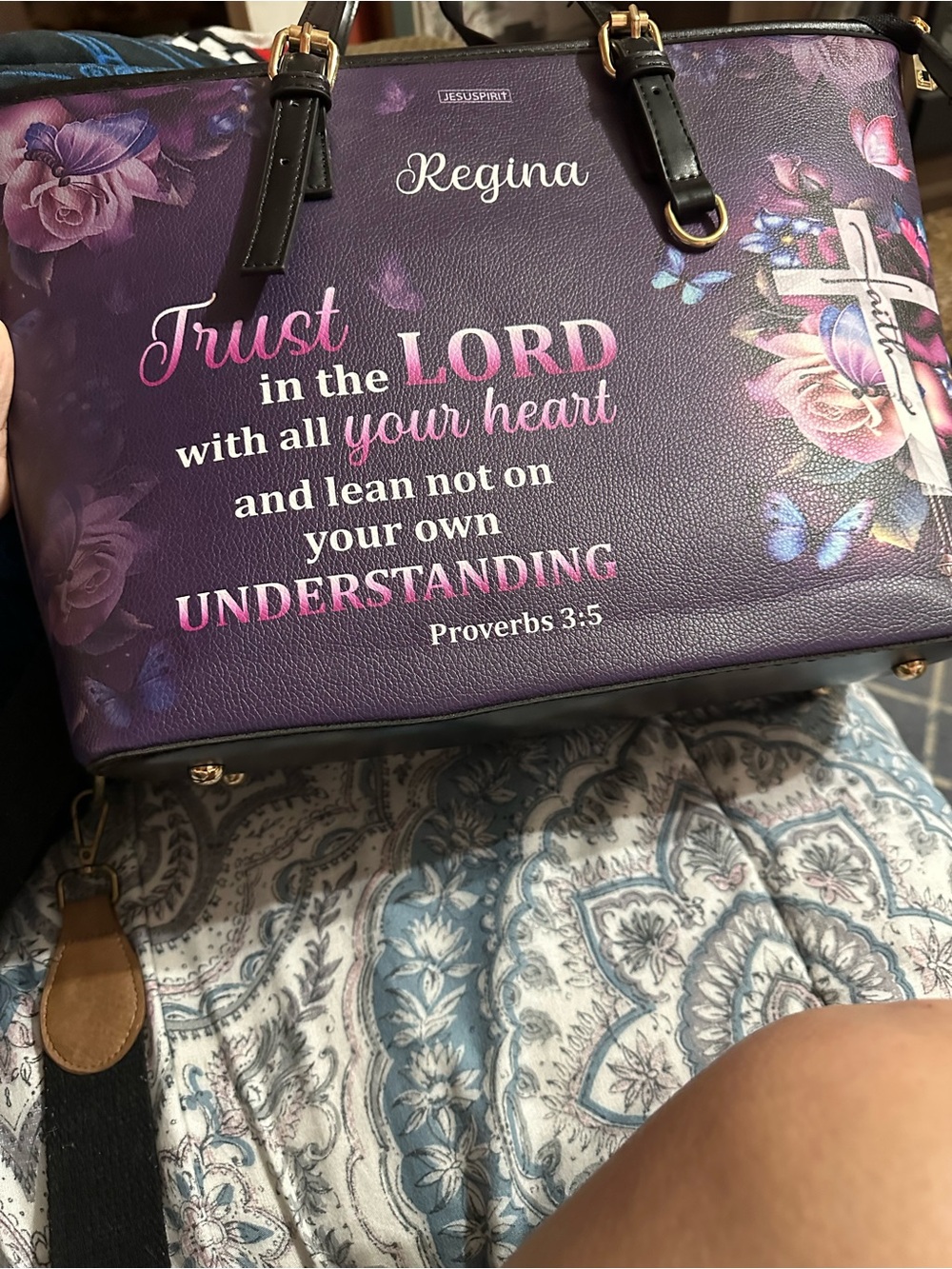 Purple Floral Faith Tote Bag with Scripture Print